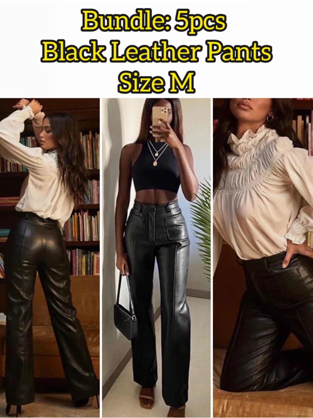 Women's Black Faux Leather Straight-Leg Pants
